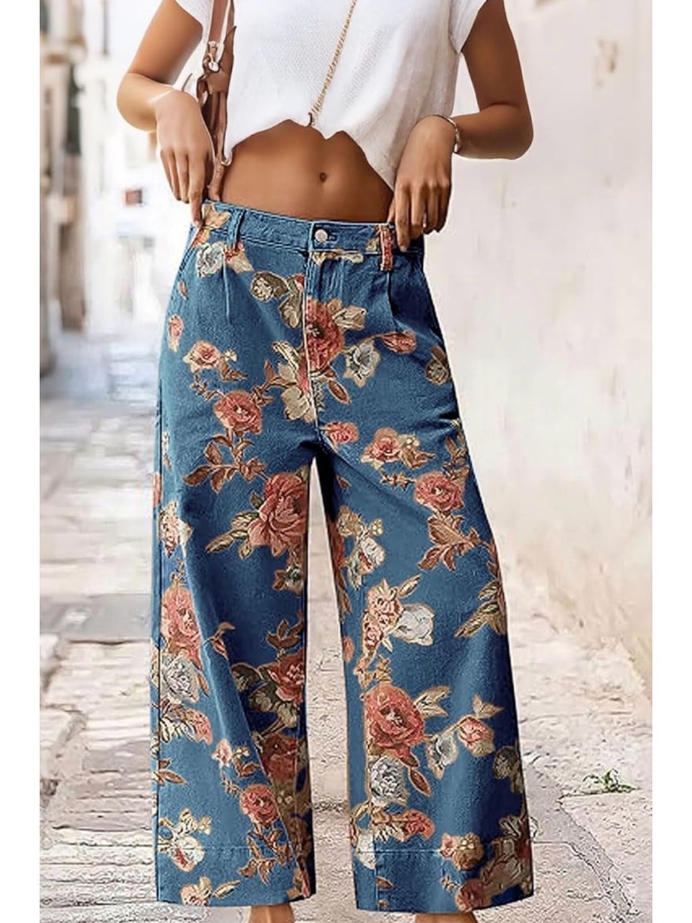 Loveimgs Blue Floral Wide-Leg Jeans